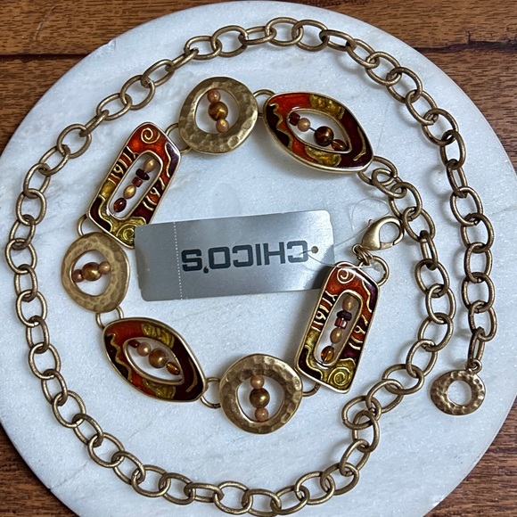 Chico\'s ~ Women’s M/Large ~ Vintage ~ Gold/Brown ~ Tribal Geometric Beaded Belt